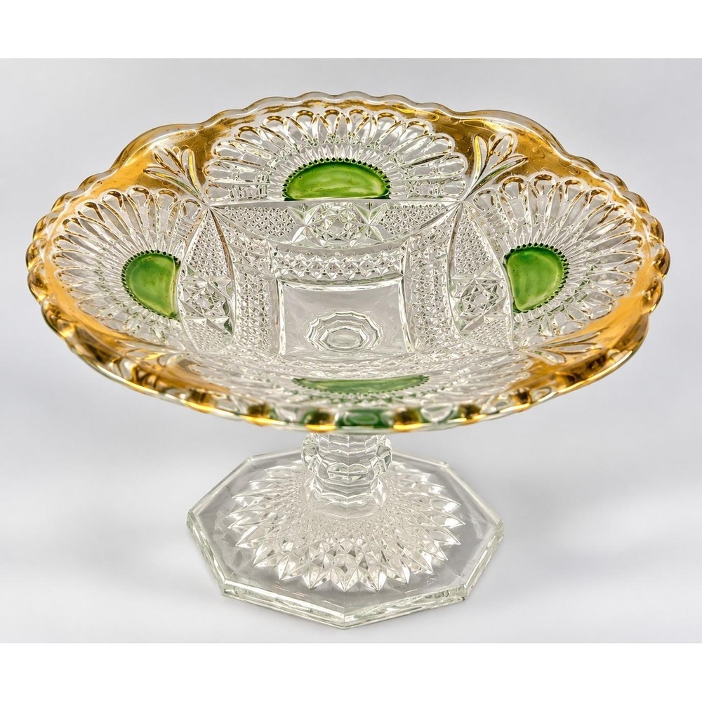 Vintage Green Glass Footed Bowl Gold Gilded Trim Diamond Cut Pedestal Compote